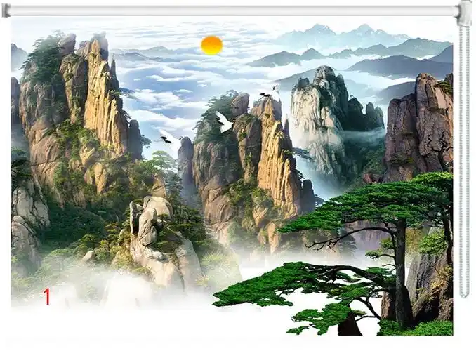 旭日东升遮光卷帘背有靠山办公窗帘高山风景画迎客松客厅装饰挂帘