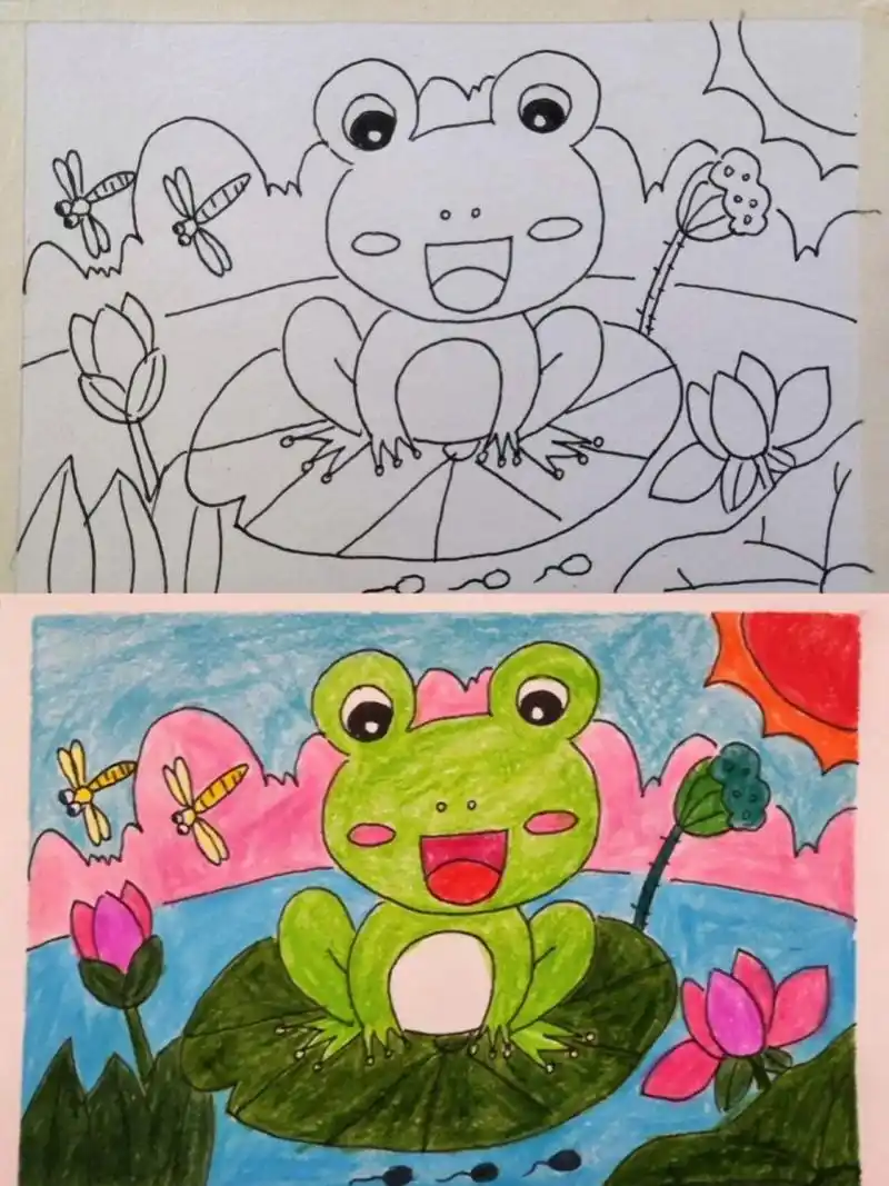 简笔画|池塘边的小青蛙,夏天,我家的池塘