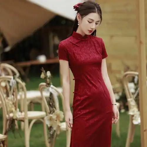 改良旗袍时尚漂亮的红衣服平时可穿长袖敬酒服订婚宴礼服蕾丝旗袍