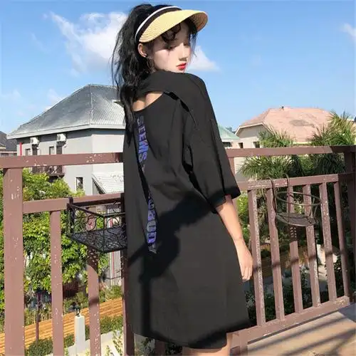 破洞露背中长款原宿风嘻哈短袖t恤上衣学生hiphop女衣服潮