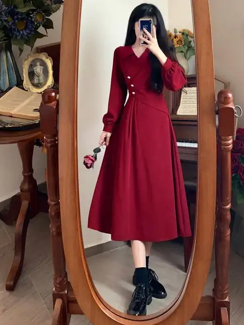 敬酒服新娘女酒红色长袖结婚订婚礼服连衣裙回门便装平时可穿 - 17网