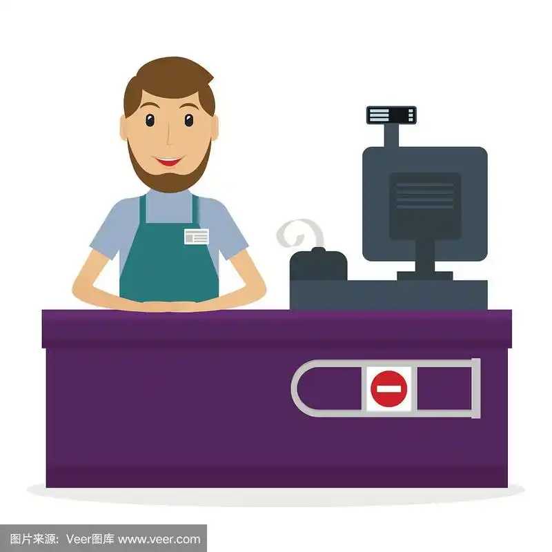 平面风格的工作场所男收银员矢量插图.在收银台微笑的男人.