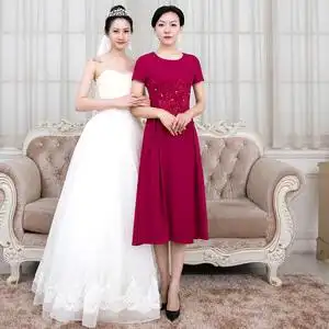 中老年喜婆婆婚宴装短袖妈妈结婚婚庆连衣裙父母装小个子礼服夏天