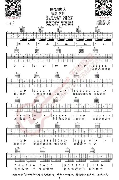 痛哭的人吉他谱_伍佰_g调弹唱谱_图片谱1