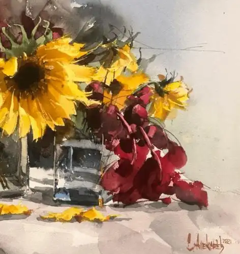 俄罗斯水彩画家СергейАлексеев作品欣赏黄色花卉油画