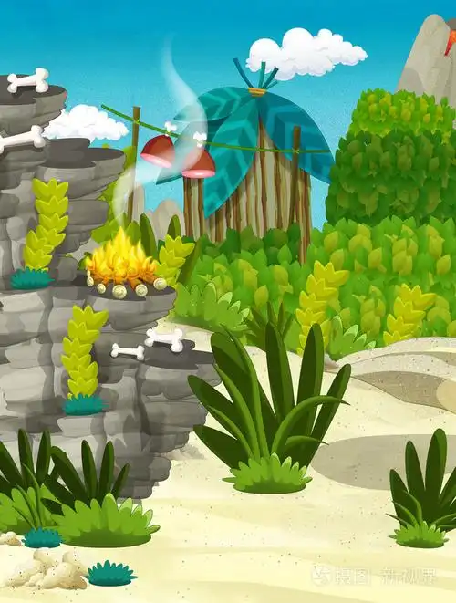 卡通自然风景与原始村庄
