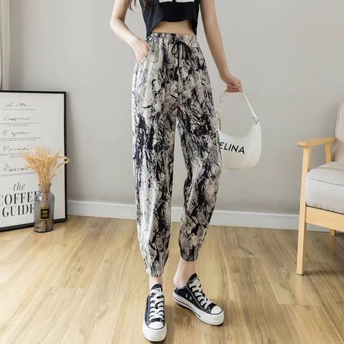 艾方鸟夏季女士冰丝灯笼裤大码外穿花女裤宽松垂感印花束脚凉凉裤防蚊