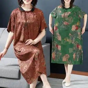 中老年女装夏装短袖连衣裙真丝缎面民族风妈妈裙子加肥加大200斤
