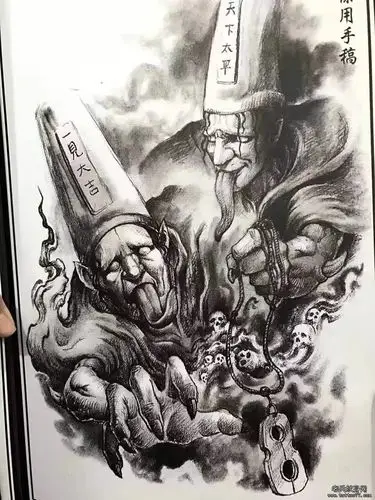 传统黑白无常黑灰纹身图案手稿_武汉纹身店之