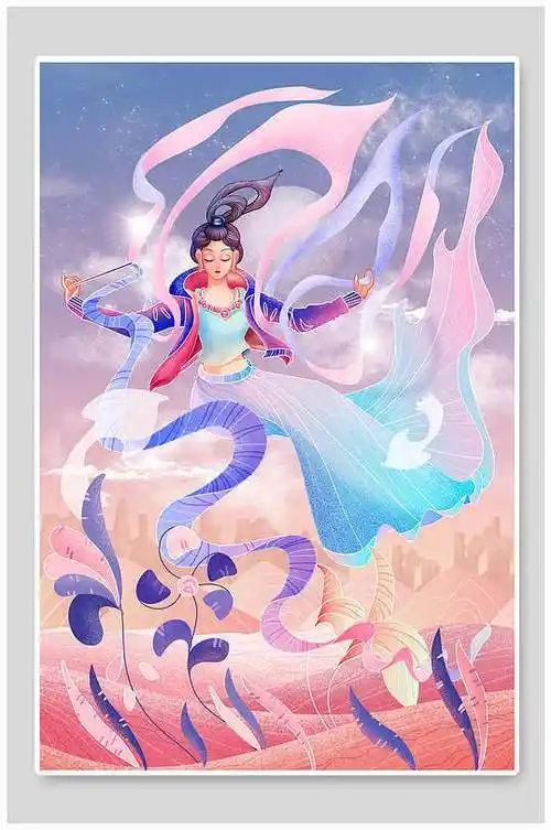 国潮插画粉色系仙女下凡
