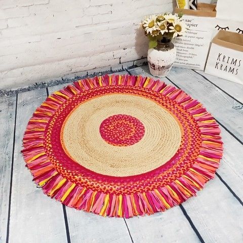 出口手工编织圆形拉菲草地毯彩虹垫子 客厅ins沙发毯书房卧室地垫