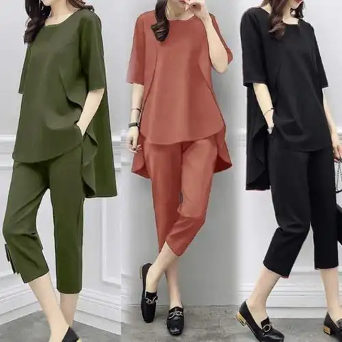 胖mm大码女装套装时尚微胖遮肉显瘦洋气夏装短袖七分裤休闲两件套