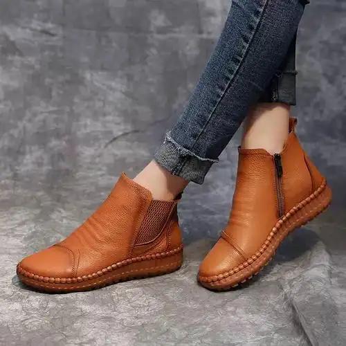 伦英风黑色单鞋l皮真皮女鞋短靴子底防滑孕妇子软软平底皮鞋新款