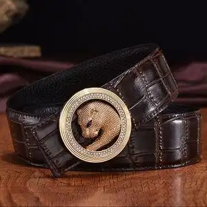 史蒂芬皮匠男士皮带个性豹子头平滑扣时尚竹节纹牛皮裤腰带潮黑色