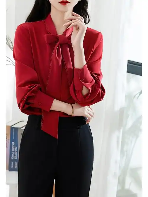 红色衬衫女洋气时尚2022年新款宽松气质高级感飘带领通勤长袖衬衣