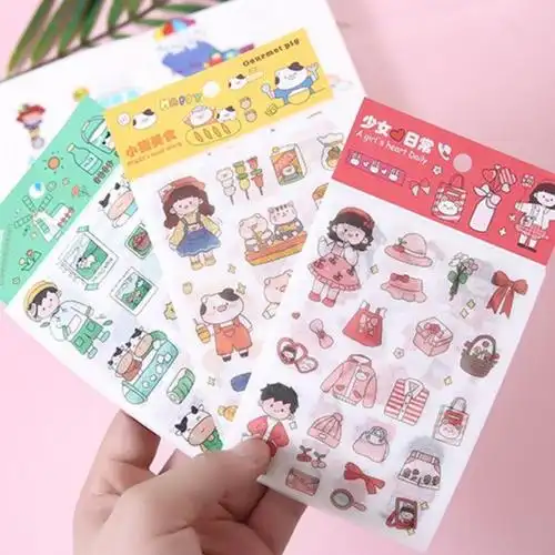 4张装卡通女孩手帐贴纸少女心手账素材贴儿童装饰diy