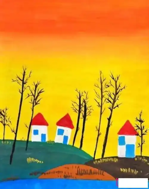 漂亮的风景儿童画晚霞中的小房子儿童画图片-儿童简笔画大全