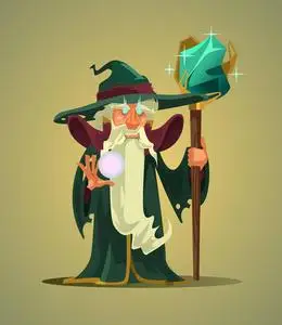 仙女尾巴老巫师魔术师人物拿着魔法棒. 矢量平面卡通人物图照片