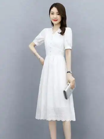 高档品牌轻奢女装白色连衣裙女夏装2022年新款仙女裙气质超仙显瘦减龄