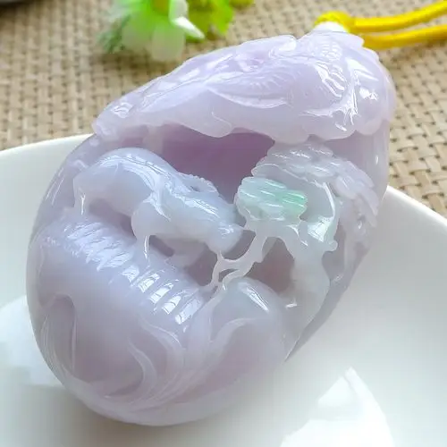 (紫气东来)缅甸天然a货翡翠精雕紫罗兰紫色东来手把件玩件310克