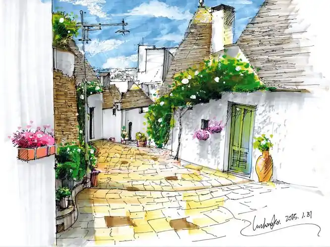 一组手绘马克笔手绘场景