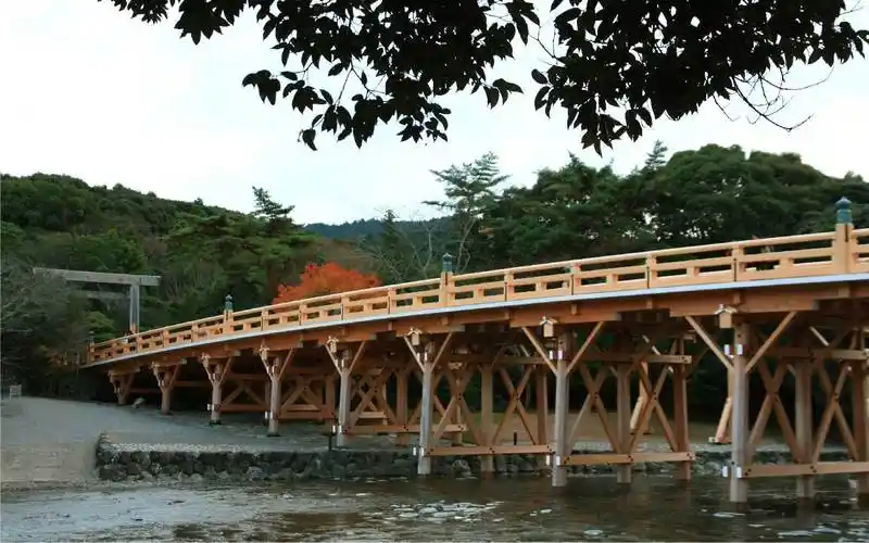 宇治桥为日本的三大古桥之一宇治川水里常见白鹤与黑鹤远处住户有炊烟