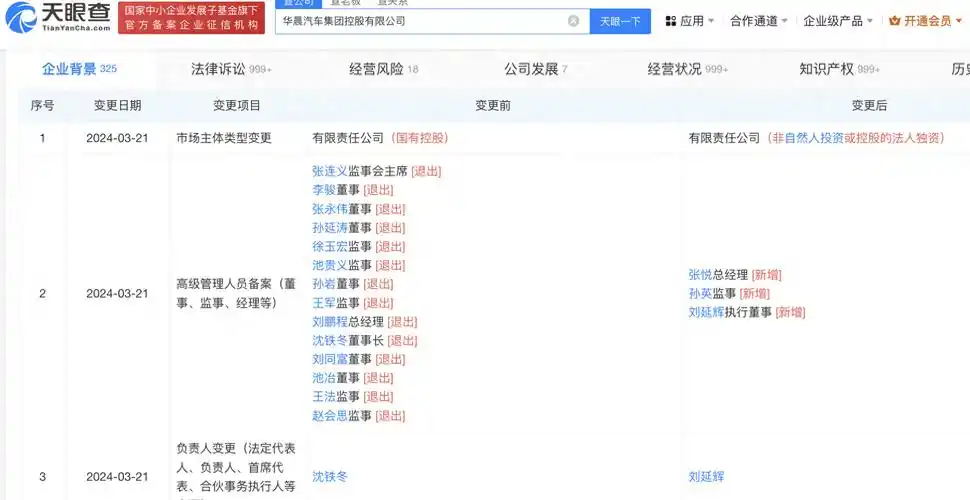 沈铁冬卸任华晨汽车董事长刘延辉任法定代表人执行董事