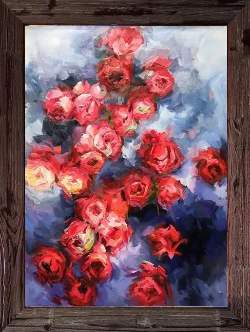 娇羞的玫瑰 手绘油画 美式欧式新古典复古花卉静物竖版玄关装饰画