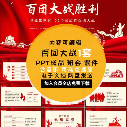 红色知识讲座爱国教育背景件班会课百团大战科普素材胜利ppt