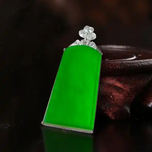 萃玥珠宝翡翠高货满绿帝王绿高冰无事牌挂件 18k金镶嵌平安牌挂件