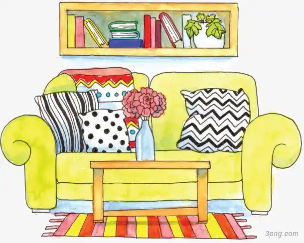 手绘风客厅黄色沙发