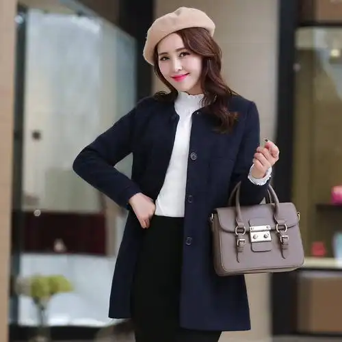 维迩旎 (weierni )2015新品款冬装毛呢外套 女圆领修身风衣显瘦呢大衣