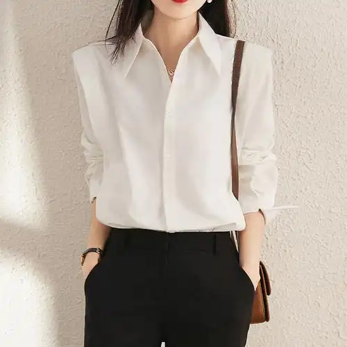 小众设计白色双层领衬衫女2022韩版新款早春宽松百搭水洗长袖衬衣新