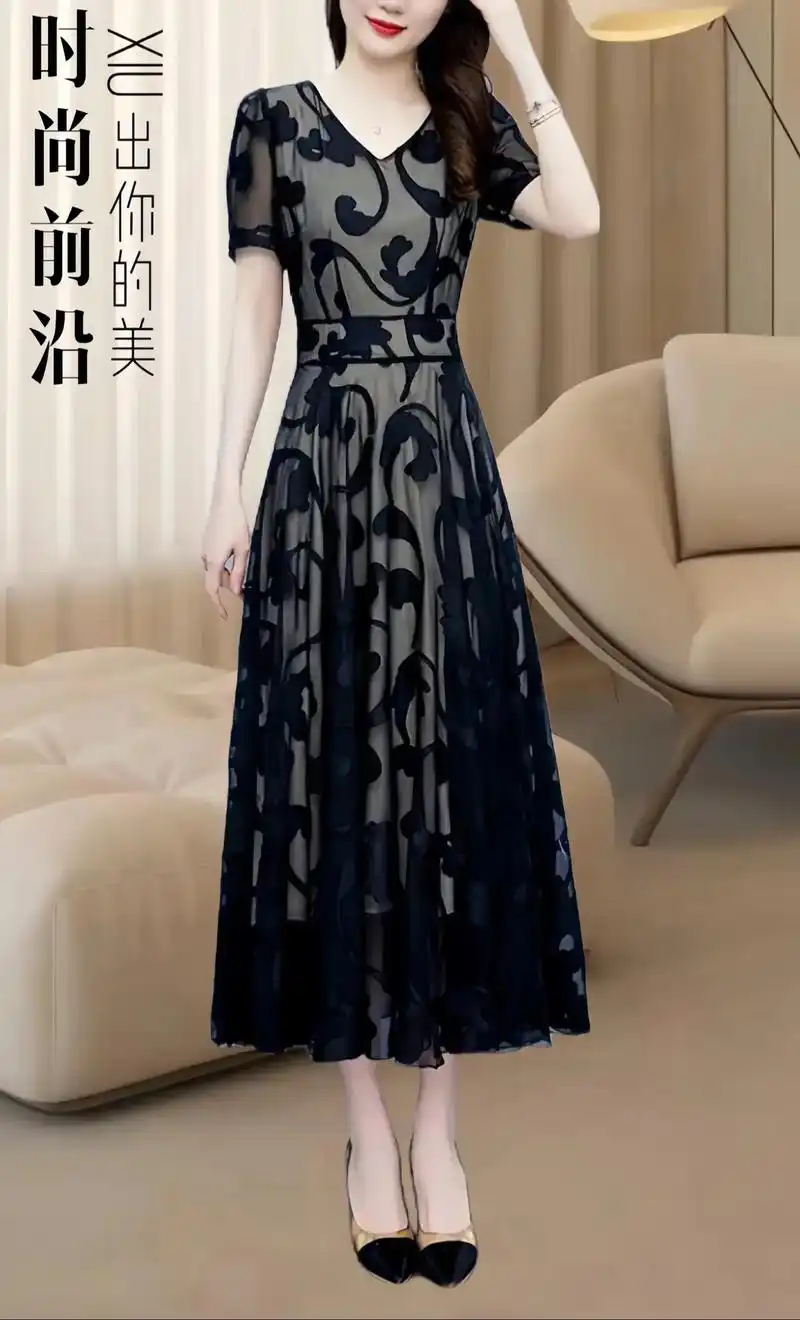黑色真丝连衣裙2024新款短袖夏季高端女装提花长裙修身气质长裙子