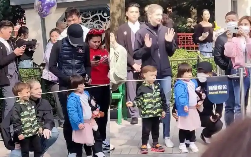 撒贝宁一家人到迪士尼游玩,混血龙凤胎正脸曝光,儿子像妈女儿像爸