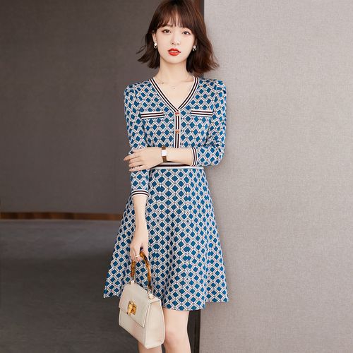 正品哥弟新款女装2023春秋小香风收腰印花菱形格条纹针织连衣裙女