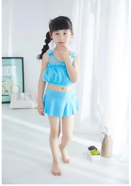 猫和才女韩国新款中大童小女孩儿童温泉游泳女童分体裙平角裤泳衣黛斯