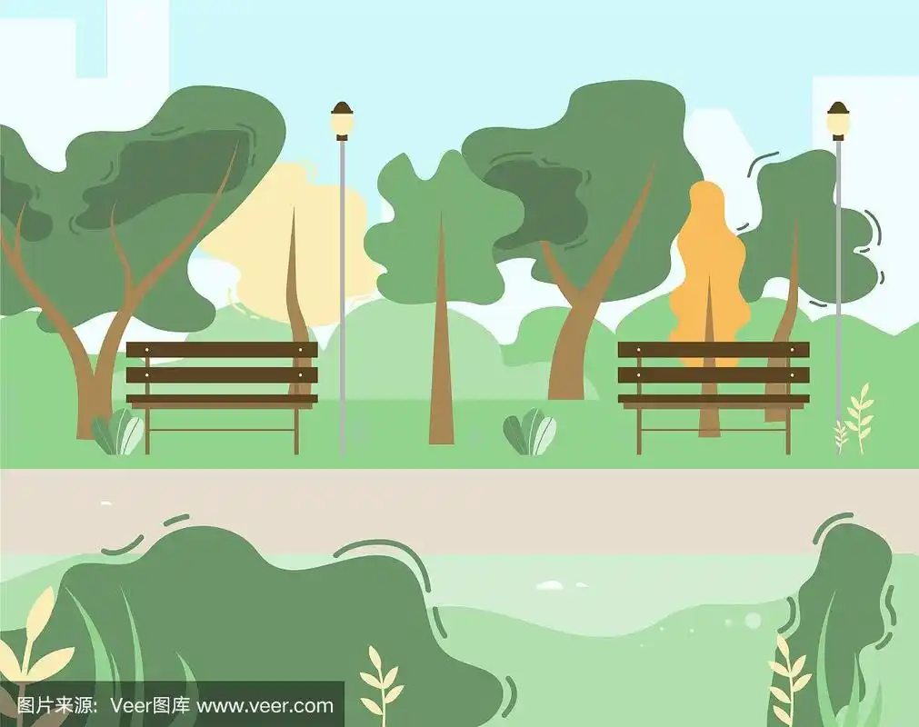 城市公园景色与绿树长椅卡通