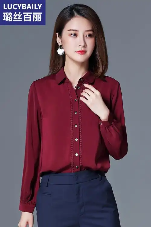 酒红色职业装上衣新款休闲时尚衬衫女长袖宽松气质雪纺衬衣