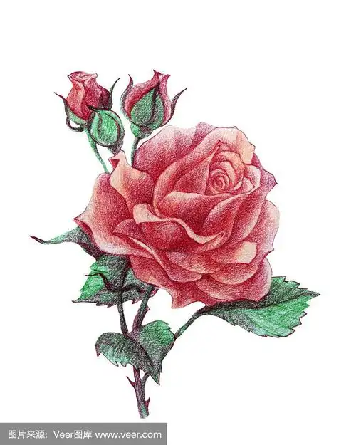 画彩色铅笔粉红玫瑰孤立在白色的背景