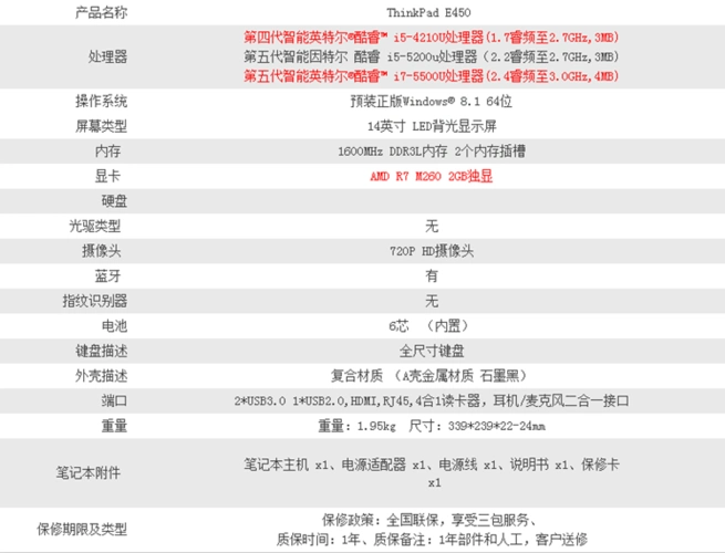 联想(thinkpad)金属轻薄系列 e450(20dca01kcd) 14英寸笔记本电脑20d