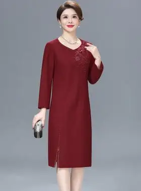 秋冬装婚礼妈妈礼服高贵洋气小个子喜婆婆婚宴装加厚羊毛呢连衣裙