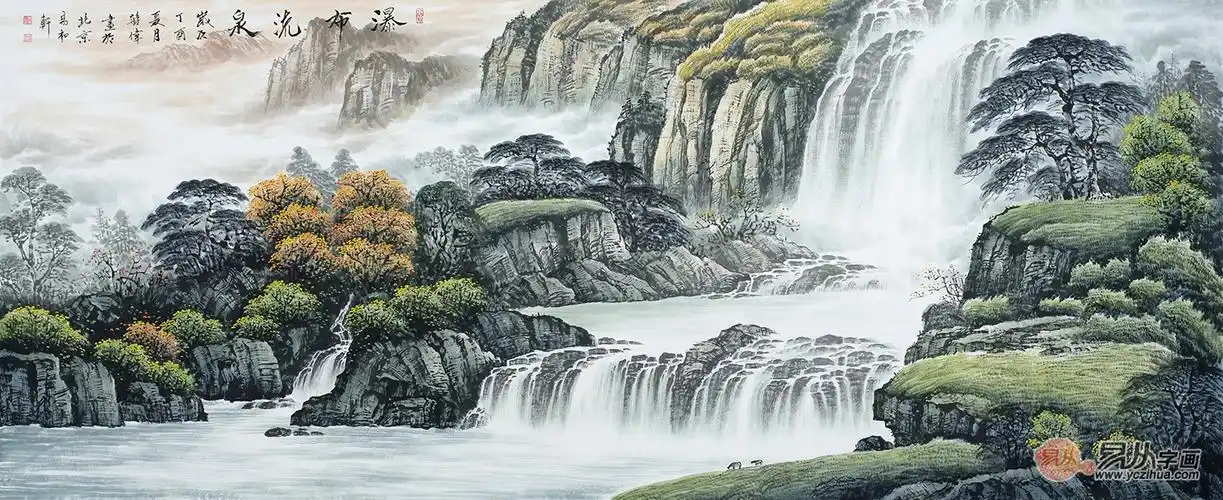 山高水长 蒋伟新品八尺横幅山水画《瀑布流泉》