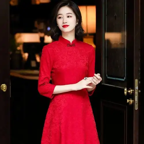 红色旗袍2023年新款女装复古中国风七分袖提花修身改良连衣裙礼服
