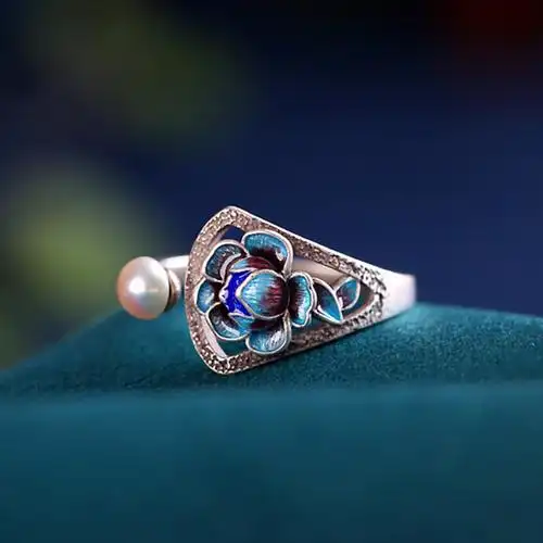 景泰蓝戒指女款s925复古中式时尚气质牡丹花蓝珍珠戒指