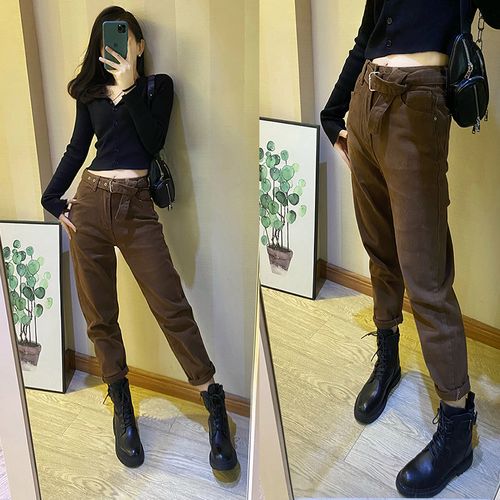 韩版春秋装新品高腰显瘦休闲宽松咖啡色牛仔裤萝卜裤垮裤哈伦裤女