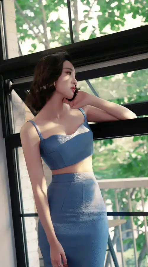 明星写真:唐艺昕蓝色吊带抹胸包臀裙艺术照,皮肤嫩白身材性感_张若昀