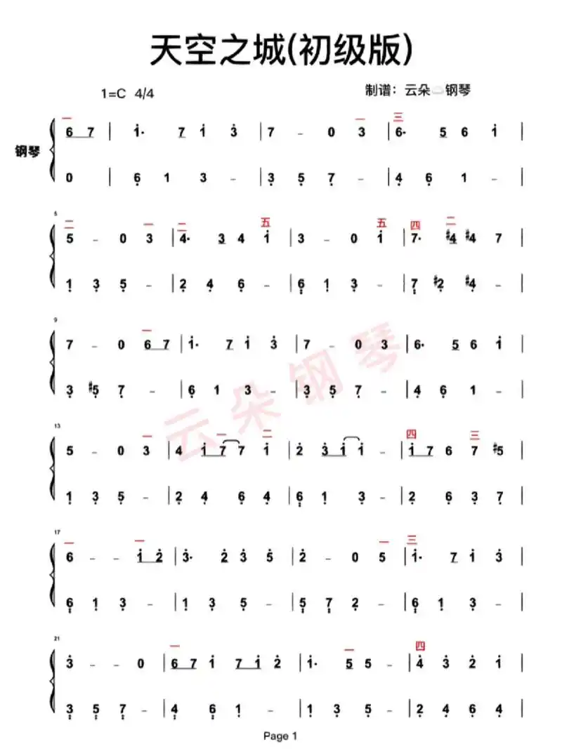 《天空之城》初学者钢琴谱 c调 超简单    《天空之城》是久石让的
