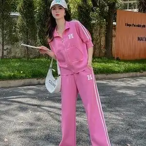 两件套女2022夏季休闲运动纯色拉链短袖上衣外套薄款直筒裤玫粉色