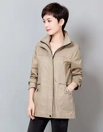 春秋中年女装外套休闲宽松女士短款风衣妈妈装大码夹克衫 卡其色a m